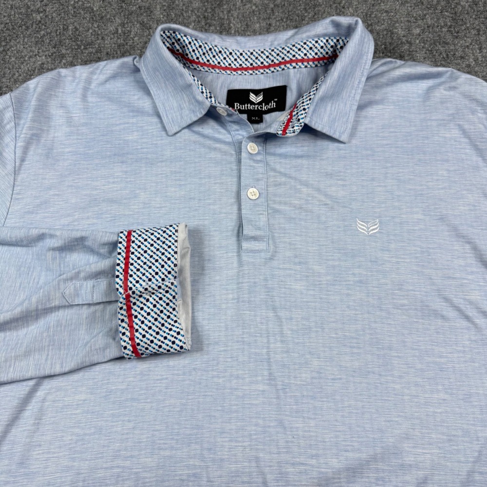 Buttercloth Polo Shirt Mens XL Light Blue Long Sleeve Cotton Heathered Logo